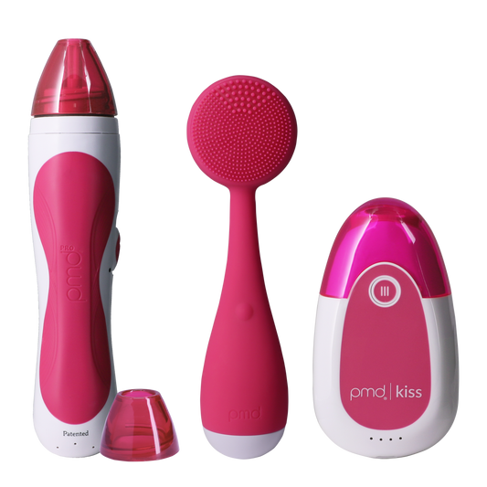 beauty_kit_pink_new?Personal Microderm Pro in Pink, PMD Kiss in Pink, and PMD Clean in Pink